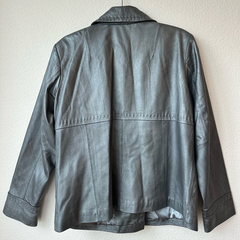 Chico’s Silver Shimmer Leather Collared Short Peacoat Jacket Coat Size 2 - Picture 5 of 9